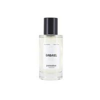 Simple People Simple Story GABRIEL Eau De Parfum 50ml by Formulum, sold at BeCandle - clear glass perfume bottle with black cap and minimalist white label on white background.
