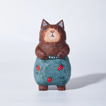 Mokuomo Toto Carved Wooden Cat in Strawberry Pants