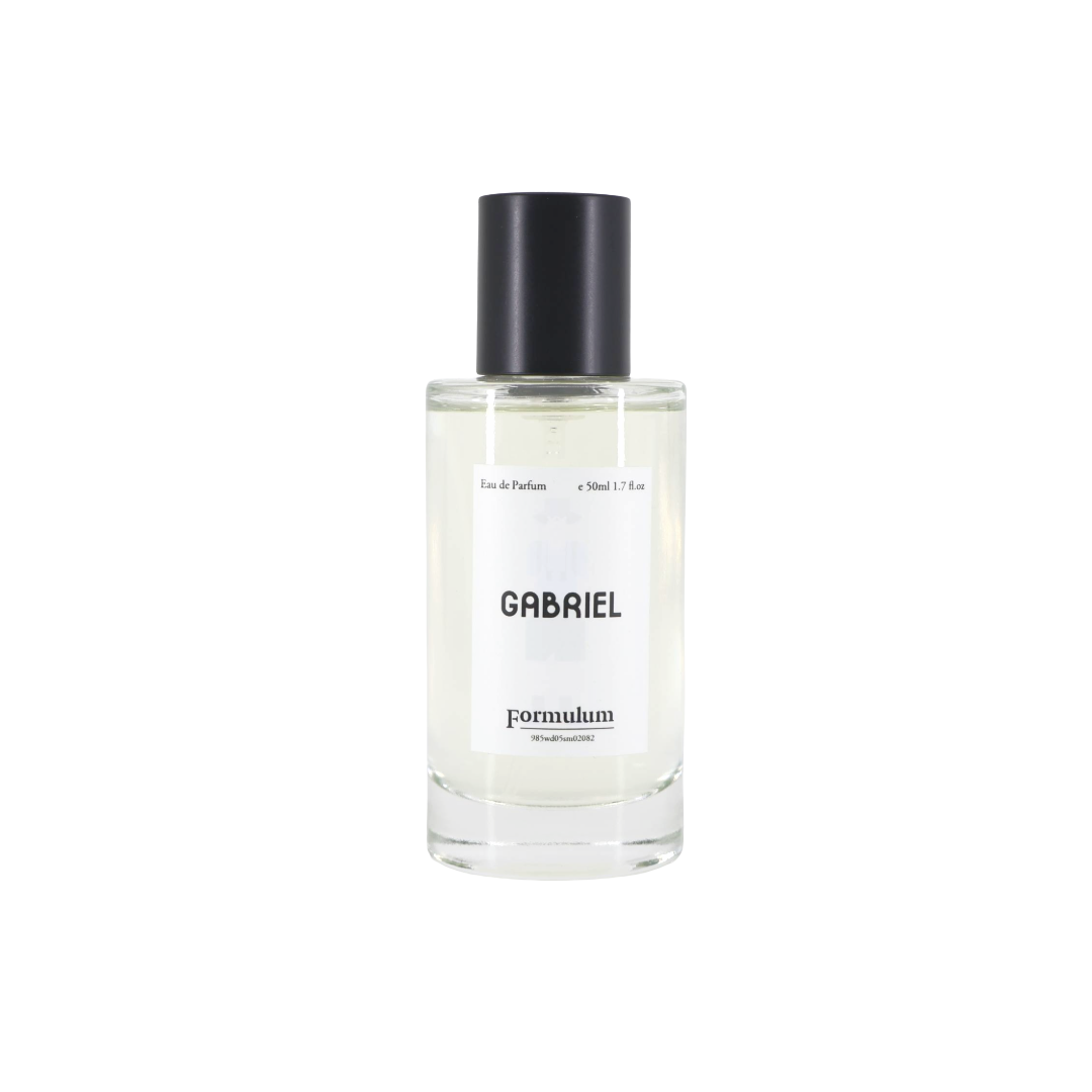 Simple People Simple Story GABRIEL Eau De Parfum 50ml by Formulum, sold at BeCandle - clear glass perfume bottle with black cap and minimalist white label on white background.