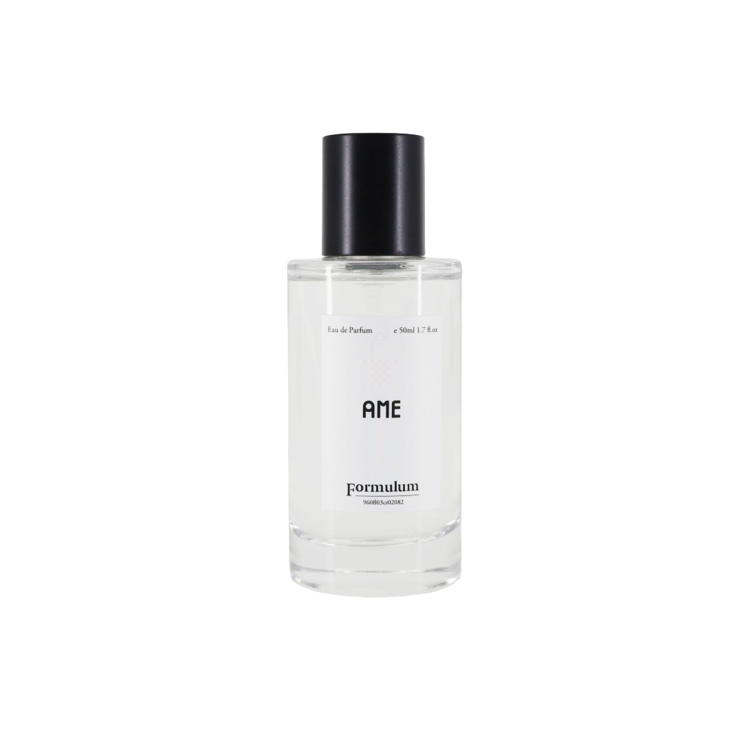 Simple People Simple Story AME Eau De Parfum 50ml by Formulum, sold at BeCandle - clear glass perfume bottle with black cap and minimalist white label on white background.