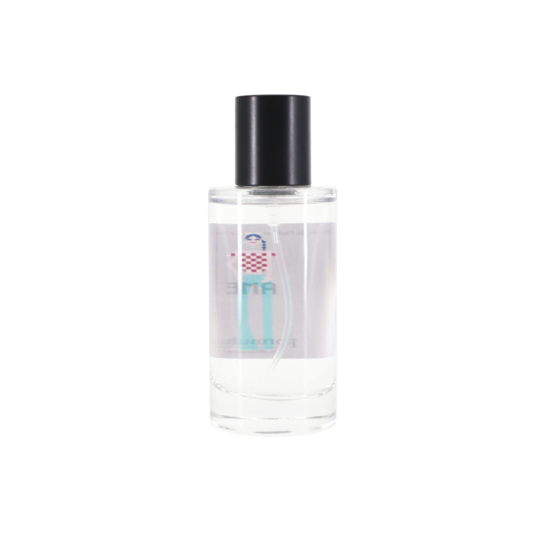 Simple People Simple Story AME Eau De Parfum 50ml by Formulum at BeCandle - back view of clear glass perfume bottle with black cap on white background.