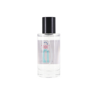 Simple People Simple Story AME Eau De Parfum 50ml by Formulum at BeCandle - back view of clear glass perfume bottle with black cap on white background.