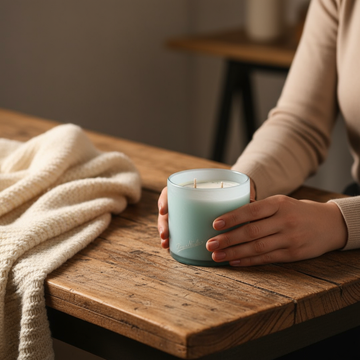 Person holding a teal candle on a wooden table with a beige sweater and blanket in the background