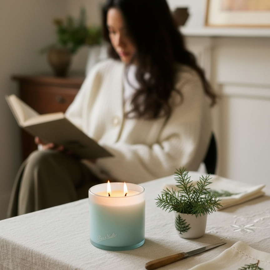 Woman reading a book in a cozy room with a lit candle and small plant on a table.